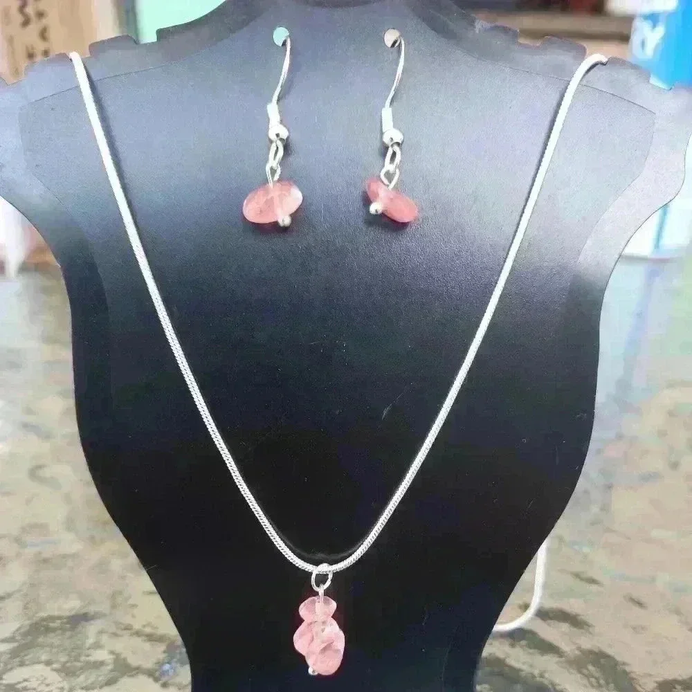 Rose Quartz Silver Necklace And Earrings
